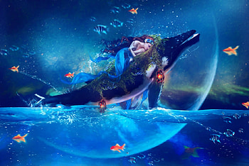 Mermaid's dream, blue, whale, sea, mermaid, inertiarose, girl, summer, fantasy, moon, luna, luminos, water, dream, vara HD wallpaper