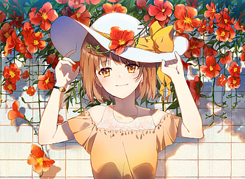 Yellow eyes, hat, flowers, smile, beautiful, anime girl HD wallpaper