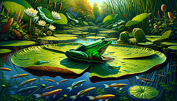 Green Frog Sitting on a Lily Pad in a Pond, frog, fish, pond HD wallpaper