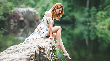 Girl Sitting On The Rock Dangling Her Legs In The Nature, girls, model HD wallpaper