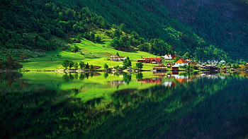 Nature, Houses, Summer, Mountain, Lake, Reflection, Shore, Bank, Village, Foot HD wallpaper
