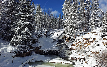 Provo River Upper Falls, Utah, winter, trees, sky, snow, usa HD wallpaper