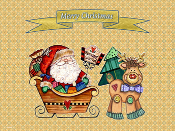 Christmas on gold, gold, deer, christmas, santa HD wallpaper