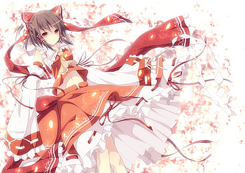 Hakurei Reimu, kimono, anime, petals, ribbon, girl, long hair, bow HD wallpaper