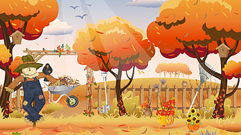 Autumn Memories, autumn, trees, scarecrow, wheelbarrow, fall, Firefox theme, pumpkins, leaves, crow, fence, field HD wallpaper