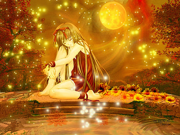 Fireflies, night, glowing, glow, cute, long hair, dress, nice, moon, flower, magical, maiden, glows, water, female, sexy, sweet, magic, ribbon, hot, girl, orange, tree, anime girl, anime, fantasy, red HD wallpaper