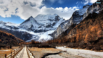 fantastic wooden walkway with mountains view, wood, valley, clouds, mountains, walkway HD wallpaper