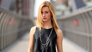 Blonde White Hair Girl Model Is Standing In Blur Bridge Background Wearing Black Dress Girls HD wallpaper