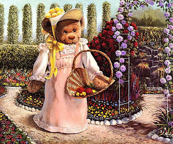 In the Garden, artwork, basket, bear, painting, path, blossoms, flowers HD wallpaper