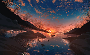 Sunset, Art, Sun, Reflection, Starry Sky HD wallpaper