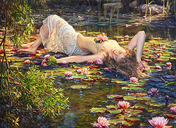 :), art, girl, lake, summer, pink, helene beland, painting, pictura, flower, green, water, vara, lotus HD wallpaper