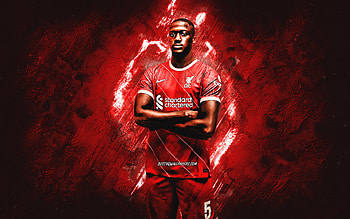Ibrahima Konate, Liverpool FC, French footballer, portrait, red stone background, Premier League, England, football HD wallpaper