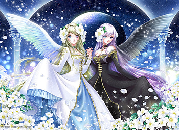 Zodiac Gemini, blue, wings, white, black, girl, angel, zodiac, flower, couple, gemini, luminos HD wallpaper