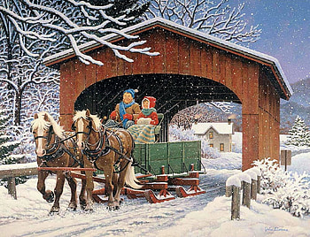 On the Way, winter, artwork, horses, painting, covered bridge, snow, people, cart HD wallpaper