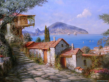 Seaside Life, boat, painting, house, clouds, trees, sky, road, mountain HD wallpaper