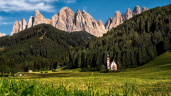 Church in the Dolomites, Italy, chapel, clouds, landscape, trees, sky, alps, forest HD wallpaper