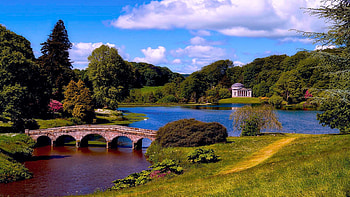 Beautiful Stourhead Estate Grounds - Yorkshire, England, landscape, clouds, bridge, gazebo, trees, sky, water HD wallpaper