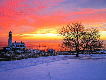 Portland Head Lighthouse, Maine, winter, coast, snow, trees, sunset HD wallpaper