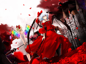 Sister Scarlet, fance, staff, cute, red dress, beauty, rose, cherry blossom, castle, female, bat wings, sexy, sweet, two girls, ribbon, hot, anime girls, pretty, remilia scarlet, red, touhou, heart, flandre scarlet HD wallpaper