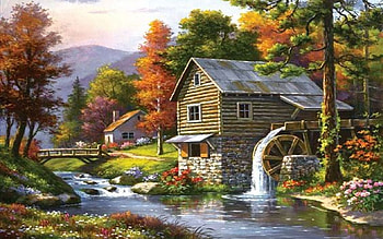 Watermill, river, forest, painting HD wallpaper