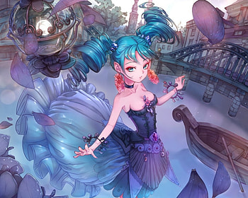 Dress Fancy, boat, twin tails, long hair, dress, beauty, twintails, fancy, water, loli, female, sexy, magic, scene, twintail, hot, blue hair, girl, beautiful, anime girl, anime, anime gir4l, green hair, twin tail, lolita, gown HD wallpaper