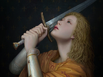 Joan of Arc, jeanne darc, art, sword, fantasy, face, kunlin lee, girl HD wallpaper