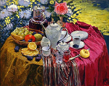 E Mukovnin. Breakfast in the garden, e mukovnin, table, painting, art, food HD wallpaper