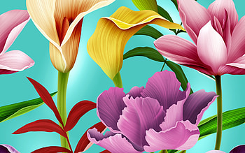 Pattern, vara, blue, exotic, calla, summer, purple, yellow, flower, red, green, texture HD wallpaper