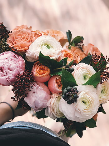 A colorful bridal bouquet featuring roses and peonies, perfect for weddings. HD phone wallpaper