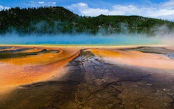 Hot spring in Yellowstone NP, hills, Wyoming, landscape, colors, usa HD wallpaper