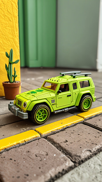Vibrant Green Toy Car: A Playful , toy, green, cactus, street HD phone wallpaper