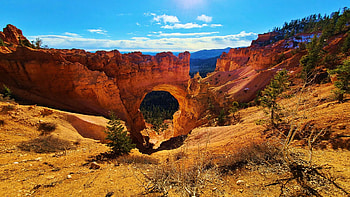 Natural Bridge, Bryce Canyon National Park, Utah, arch, trees, landscape, clouds, sky, mountains, rocks, usa HD wallpaper