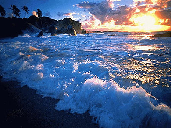 Surf at sunset, waves, clouds, reflection on water, sunset, surf, ocean, beach HD wallpaper