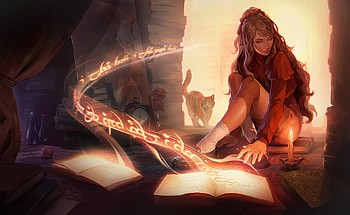 The magic book, fantasy, art, pisici, iveta kirstukaite, cat, orange, witch, spell, grimoire, book HD wallpaper