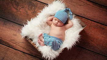 Cute Baby Is Sleeping On White Fur Cloth Wearing White Blue Stripes Dress Cute HD wallpaper