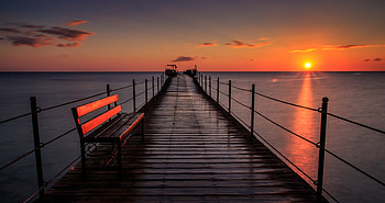 Pier Bench Sunset , pier, beach, sunset, nature HD wallpaper