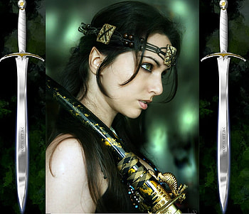 Lady of the Sword, sword, fantasy, green, eyes, face, warrior, female HD wallpaper