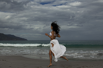 Running on the beach, Beach, run, white, women HD wallpaper