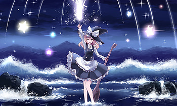 {Magic Stars}, anime, lights, touhou, stars, marisa kirisame, water, witch HD wallpaper