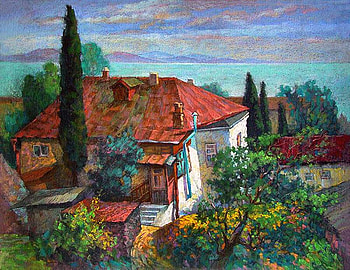 Paul Wolfson. Crimea, painting, art, paul wolfson, village, tree HD wallpaper