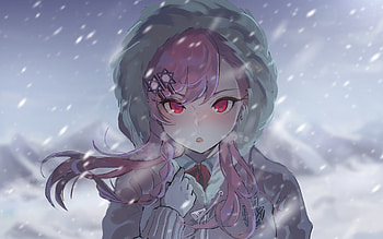 Pink hair anime girl, anime, outdoor, winter HD wallpaper