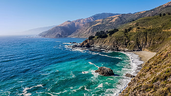 Sea Coast View Ocean Waves Stones Greenery Mountains Rock Under Blue Sky Nature HD wallpaper