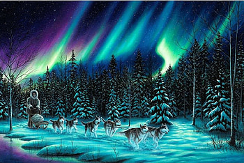 northern lights, dogs, huskys, nature, lights HD wallpaper