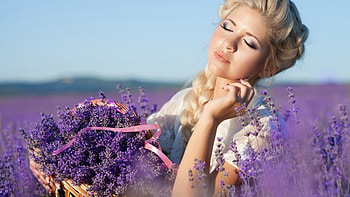 Beautiful blonde with a basket of lavender flowers, girl, nature, flowers, field HD wallpaper