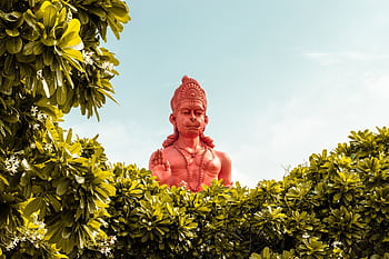 A vibrant red statue of Hanuman surrounded by green foliage under a clear sky. HD wallpaper