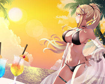 Morning at the beach, bikini, black, ecchi, beach HD wallpaper