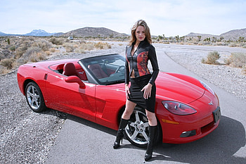 corvette and babe, sexy, babe, leggy, car HD wallpaper