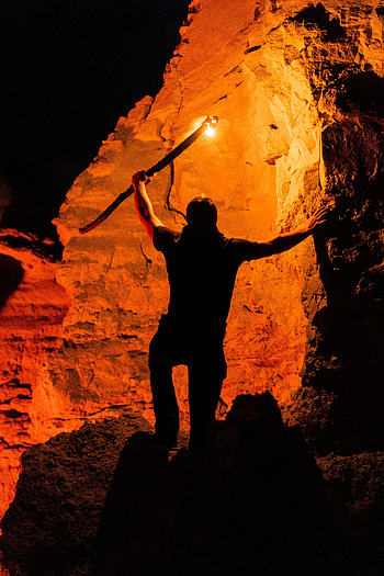 Fire, Rocks, Silhouette, Miscellanea, Miscellaneous, Human, Person HD phone wallpaper