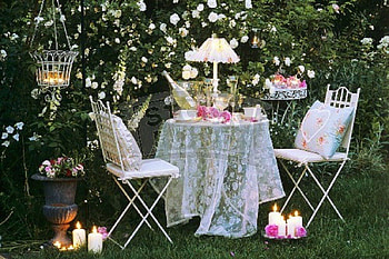 Table for Two, candeloght, garden, chairs HD wallpaper