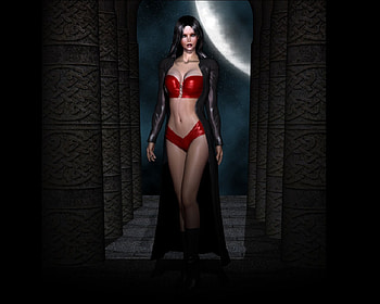 Fantasy Woman, long coat, red black, moon, stars, woman HD wallpaper